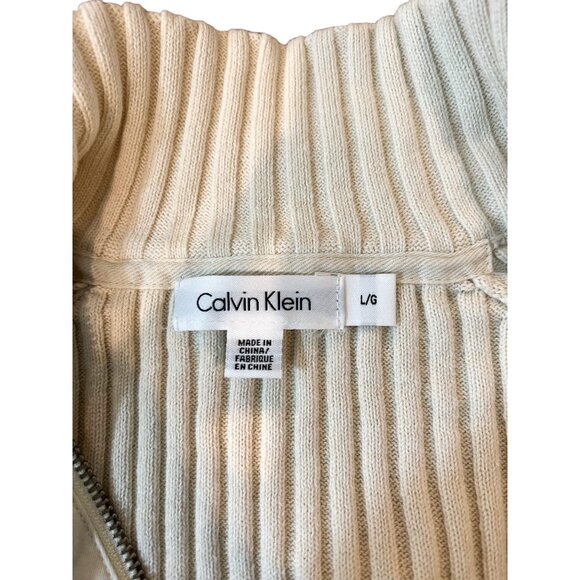 Calvin‎ Klein Cardigan L Womens Cream Full Zip Mock Neck Ribbed Sweater Sz Large - Picture 8 of 9
